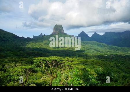 Lush tropical rainforest covers the mountains of Moorea Island in French Polynesia, with dramatic clouds hanging over Mount Rotui and jagged volcanic Stock Photo