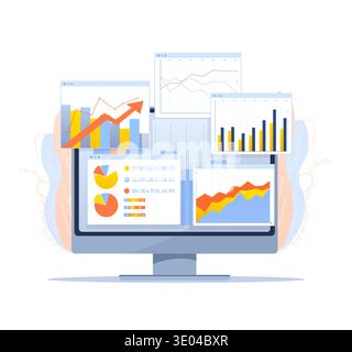 Business data analysis presented on a computer monitor with multiple charts, graphs and infographics for financial growth and market statistics Stock Vector