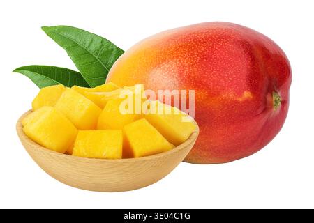 mango diced in wooden bowl isolated on white background with full depth of field Stock Photo