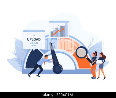 Business team working to optimize internet upload speed and data performance, analyzing metrics and pushing bandwidth limits Stock Vector