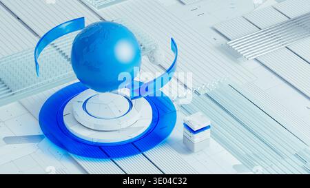 A 3D Earth model appears above a technological abstract background with geometric shapes and data elements. The scene shows a futuristic setting. Stock Photo