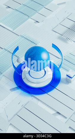 A 3D Earth model appears above a technological abstract background with geometric shapes and data elements. The scene shows a futuristic setting. Stock Photo
