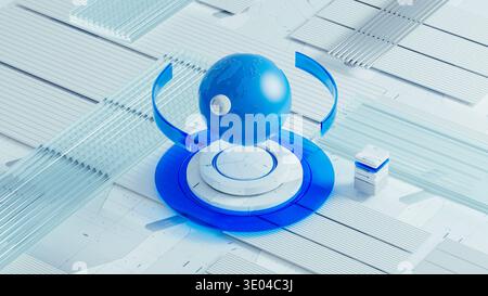 A 3D Earth model appears above a technological abstract background with geometric shapes and data elements. The scene shows a futuristic setting. Stock Photo