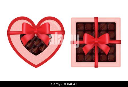 Chocolate gift boxes with red bows, a heart shape and a square box, representing love, romance, and special occasions Stock Vector