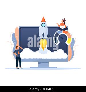 Business people launching a rocket from a computer monitor, symbolizing a successful startup, fast growth, and high performance Stock Vector