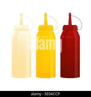 Three colorful plastic squeeze bottles filled with mayonnaise, mustard, and ketchup, providing classic flavor for meals Stock Vector