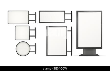 Blank outdoor advertising light boxes and a standing billboard mockup, offering a clean display space for various commercial messages Stock Vector