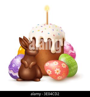 Easter cake with chocolate bunny and eggs Stock Vector
