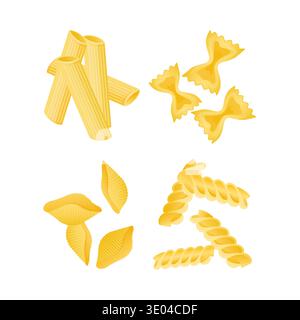 Various uncooked durum wheat pasta types, including rigatoni, bow ties, twisted spirals, and shells, illustrating choices for Italian cuisine Stock Vector