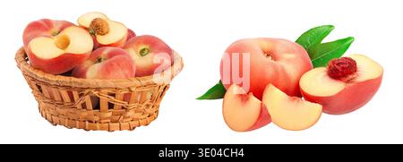 chinese flat donut peaches in a wicker basket isolated on white background Stock Photo