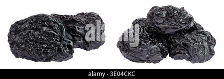 Prunes isolated on white background, heap of dried plums Stock Photo