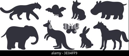 Silhouettes of cartoon animals. Wild fauna. Kangaroo and elephant. Owl bird and butterfly flying. Forest rabbit. Horse black figure. Hippopotamus and Stock Vector