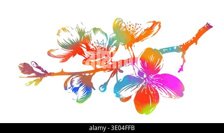 Cherry branches with flowers, colored sakura isolate on white background. Hand drawn. Not AI, vector illustration. Stock Vector