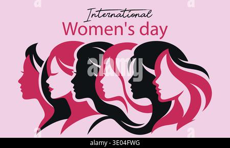 Profiles of diverse women in shades of pink and black stand together. This graphic celebrates International Womens Day, representing unity, strength, Stock Vector