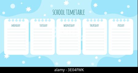 School timetable template. Weekly planner for school subjects. Lessons planning list. Blank notepaper pages. Daily organizer reminder. Children Stock Vector