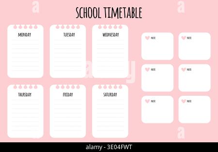 School weekly lesson schedule template on pink background with fields for notes. Blank notepaper pages. Daily organizer reminder. Lessons planning Stock Vector