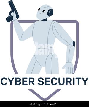 Robot with gun in hand. Cyber security. Artificial intelligence for network protection. Robotic safety. Android protecting software. Electronic Stock Vector