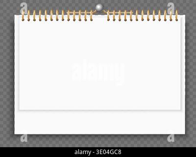 Realistic calendar mockup with spiral binding for tear off pages on transparent background. Organizer empty sheets. Notepaper with ring binder. Pinned Stock Vector