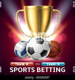 Realistic banner with sports balls and trophy cup for sports betting advertising. Wager at winner. Bookmaker totalizator. Soccer tournament Stock Vector