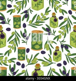 Olive oil in glass bottles and metal cans against background of fresh and black olives seamless pattern. Plant branch leaves. Organic product. Natural Stock Vector