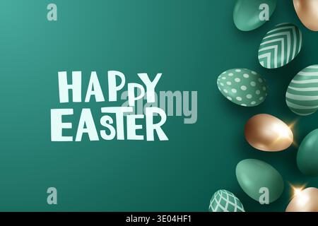 Happy Easter lettering on dark green background with decorated eggs along right side Stock Vector