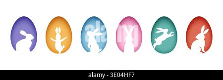 Six colored Easter eggs with white rabbit silhouettes on white background Stock Vector