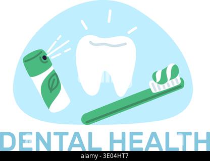 Healthy white tooth. Toothbrush with toothpaste and spray for fresh breath. Caries prevention. Oral hygiene. Molar enamel cleaning and whitening Stock Vector