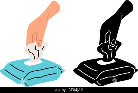 Hand reaches into plastic package and pulls out wet wipe. Disposable cleaning napkin dispenser. Antiseptic towel pack. Cosmetic tissue pouch. Vector Stock Vector