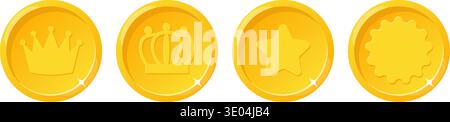 Gold medals with stars and crowns. Golden reward badges. Quality guarantee seal. Leader or best achievement. Shiny coins. Competition winning Stock Vector