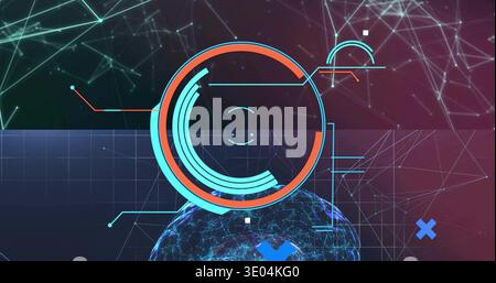 Rotating concentric circular HUD element hovering at data interface, showing grid plane and globe Stock Photo