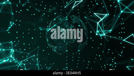 Glowing central semi-transparent dotted globe rotating in virtual data space, with nodes and edges Stock Photo