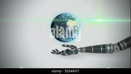 Showing robotic forearm, hand holding floating Earth globe in studio with green lens flare, shadow Stock Photo