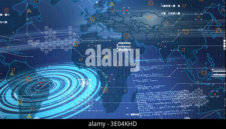 Displaying world map focused on Africa and Eurasia on dashboard with radar rings, nodes Stock Photo