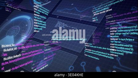 Floating translucent UI panels displaying colored code on dark grid, with line chart and radar Stock Photo