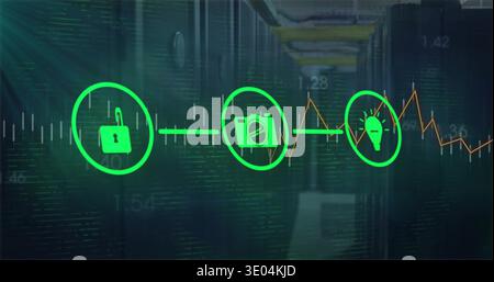 Displaying green round icons linking by arrows in server room, padlock camera lightbulb overlaying Stock Photo
