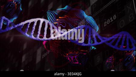 Rendering double helix DNA strand spanning digital data scene, showing neon brain lines 2016 Stock Photo