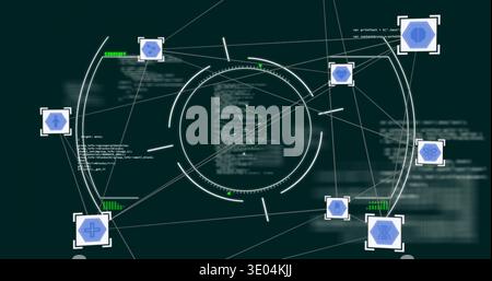 Showing central circular HUD linking white lines on teal UI, with blue hex nodes, blurred code Stock Photo