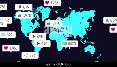 Displaying cyan world map in digital infographic showing social metrics with white data markers Stock Photo