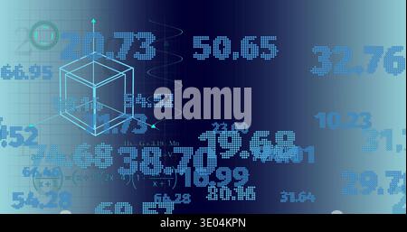 Displaying cyan wireframe 3D cube centered on blue canvas, showing axes, spiral, math overlays Stock Photo