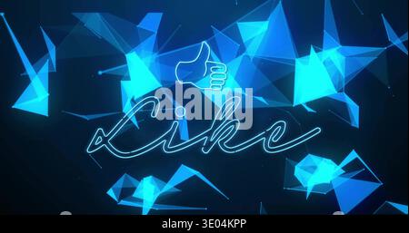 Glowing neon cursive Like and thumbs-up icon floating in dark digital art, with polygonal network Stock Photo