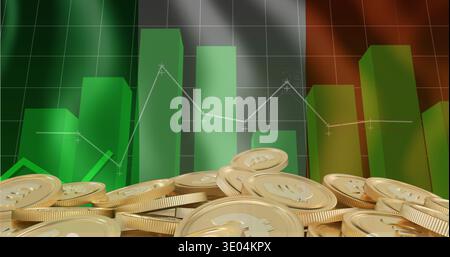 Displaying gold crypto coins on shiny base in studio, showing green 3D bars, white line graph Stock Photo