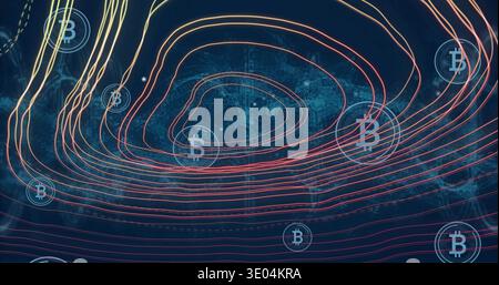Animating crypto network with contours on data map, moving BTC tokens with transfer pulse arriving Stock Photo