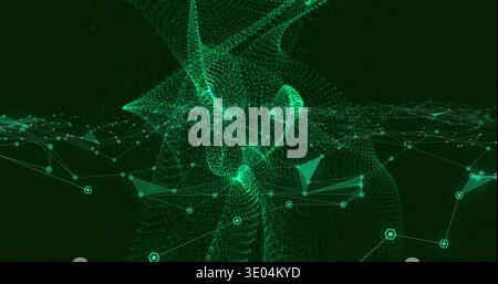 Abstract digital landscape glowing with green nodes, hex markers and swirling mesh in virtual plane Stock Photo