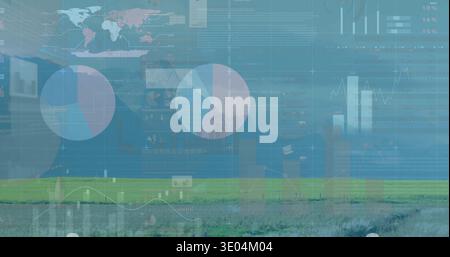 Displaying translucent dashboard overlay over grassy field at low horizon, showing charts and map Stock Photo