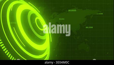 Displaying neon green concentric HUD with toothed inner ring, grid map labels on left, copy space Stock Photo