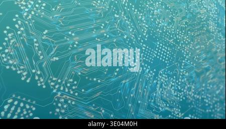 Displaying abstract PCB network glowing in macro close-up, showing conductive traces, pads, vias Stock Photo