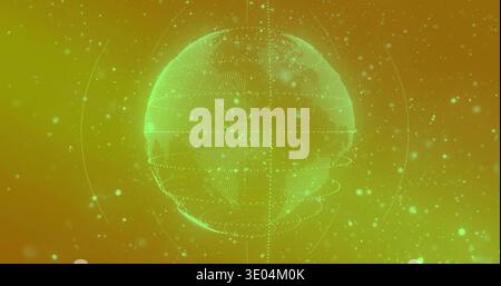 Rotating wireframe globe glowing in virtual display, showing dotted continents and orbit rings Stock Photo