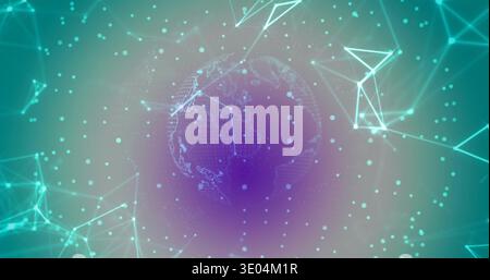 Rotating wireframe globe revealing dotted mesh, faint continent lines and linked nodes in gradient Stock Photo