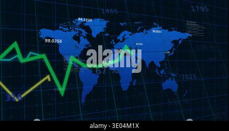 Displaying stylized blue world map, green line and yellow arrow on navy grid with data readouts Stock Photo