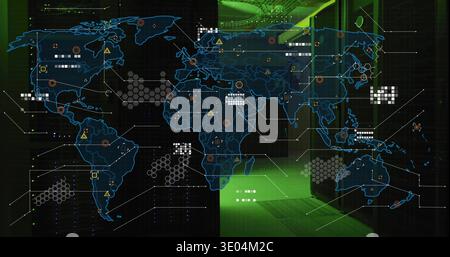 Displaying neon-blue world map hologram projecting network flows in data center, with server racks Stock Photo